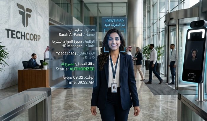 نظام كاميرا التعرف على الوجه بالذكاء الاصطناعي يتعرف على الأفراد عند مدخل مبنى الشركات مع تراكب بيانات فورية