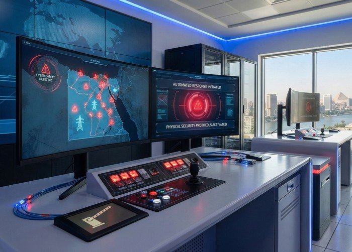 مخطط دمج الأمن السيبراني والجسدي يظهر الاتصال بين مركز العمليات الأمنية الرقمي وخدمات الحراسة الجسدية مع كاميرات المراقبة وأنظمة التحكم في الدخول