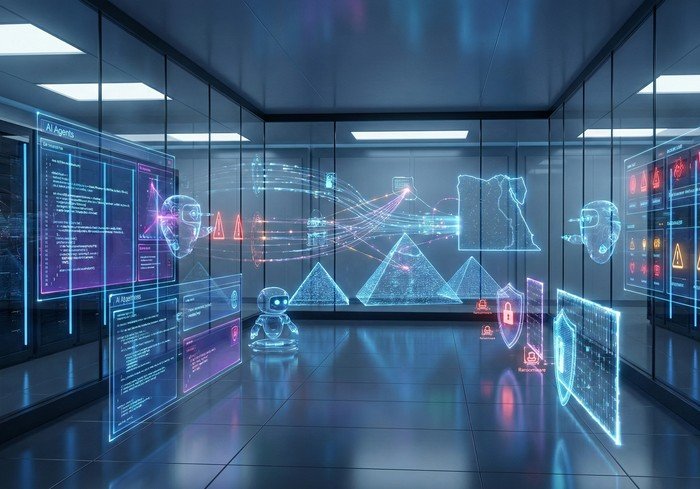 فريق شركة أمن سيبراني خاص يعمل في مركز عمليات أمنية حديث يحتوي على شاشات متعددة تعرض بيانات استخبارات التهديدات