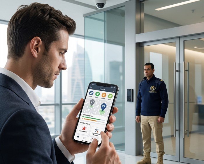 تطبيق محمول يعرض لوحة تحكم أمنية مع مواقع الحراس وتقارير الحوادث والإشعارات في الوقت الفعلي