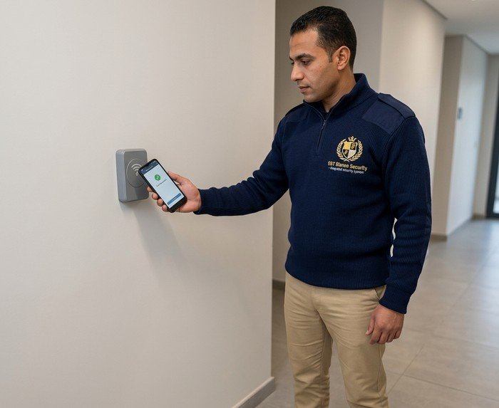 حارس أمان يستخدم هاتفه المحمول لمسح نقطة تفتيش NFC أثناء جولة الدورية مع تتبع GPS