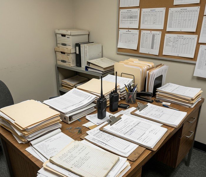 حارس أمان يكتب تقرير حادث على لوحة ورقية يوضح طرق التوثيق اليدوي التقليدية