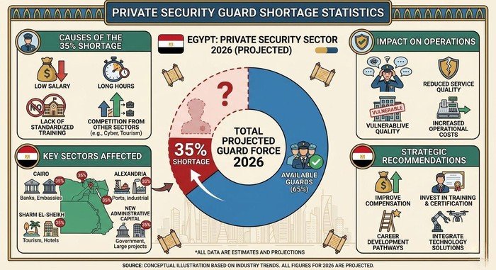 إنفوجرافيك يوضح إحصائيات نقص الحراس بنسبة 35% في الأمن الخاص المصري 2026