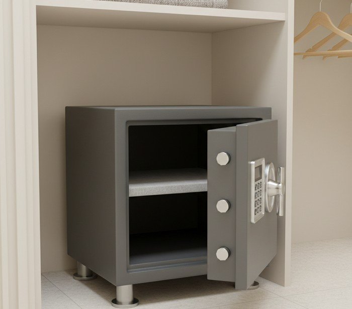 خزنة منزلية صغيرة مقاومة للحريق مع لوحة مفاتيح إلكترونية مثبتة على أرضية الخزانة تحمي المستندات والأغراض القيمة