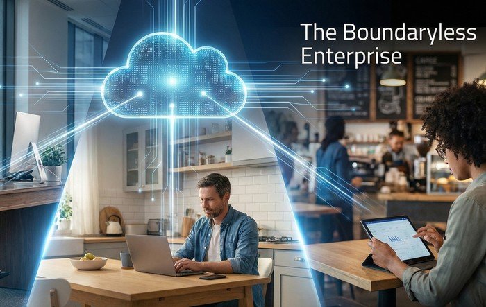 مكتب هجين حديث يحتوي على محطات عمل مرنة وإجراءات أمان متكاملة