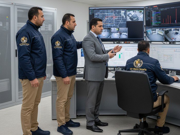 غرفة تحكم كاميرات CCTV مدعومة بالذكاء الاصطناعي تراقب مناطق متعددة في المول مع تحليلات ذكية وتعرف على الوجوه