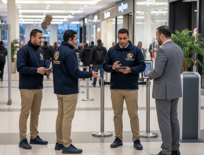 أفراد أمان يديرون تدفق الازدحام خلال ساعات التسوق الذروة في مول تسوق بالقاهرة